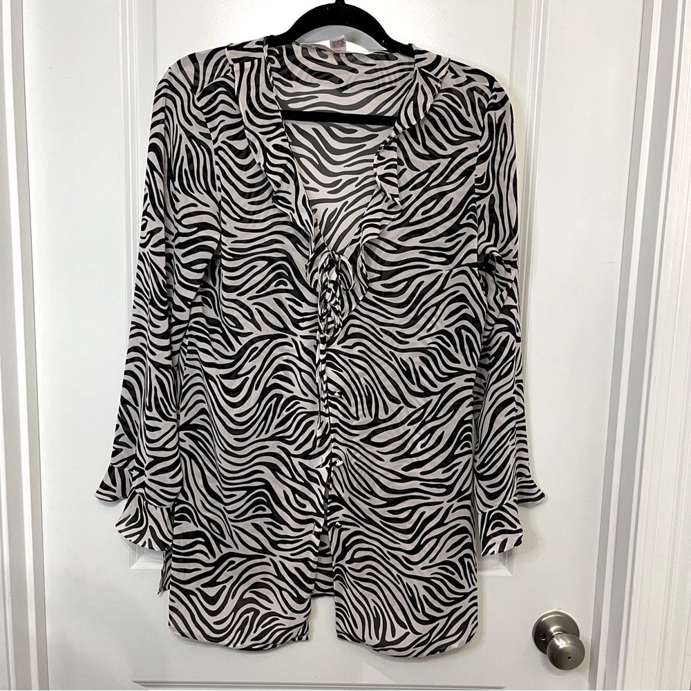 Victoria Secret Zebra Print Sheer Ruffle Deep V Button Robe Swim Cover- Medium - Picture 1 of 11